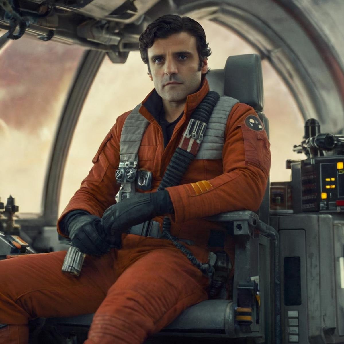 cinematic film still of  <lora:Poe Dameron:1.2>Poe Dameron a man in a red pilot uniform sitting on a plane In Star Wars Universe, shallow depth of field, vignette, highly detailed, high budget, bokeh, cinemascope, moody, epic, gorgeous, film grain, grainy