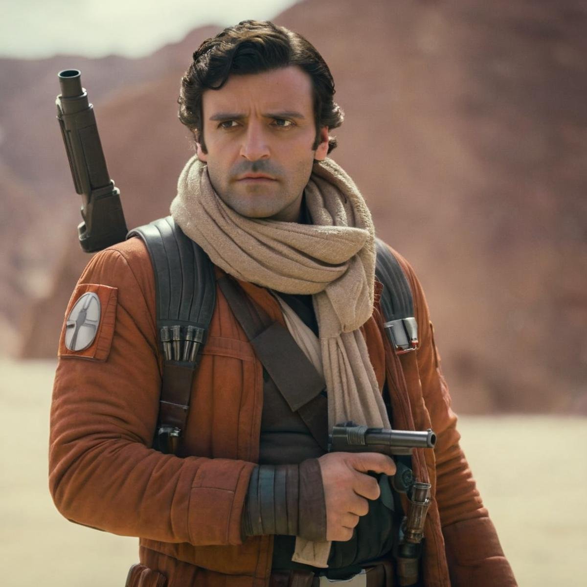 cinematic film still of  <lora:Poe Dameron:1.2>Poe Dameron a man in a scarf holding a gun In Star Wars Universe, shallow depth of field, vignette, highly detailed, high budget, bokeh, cinemascope, moody, epic, gorgeous, film grain, grainy