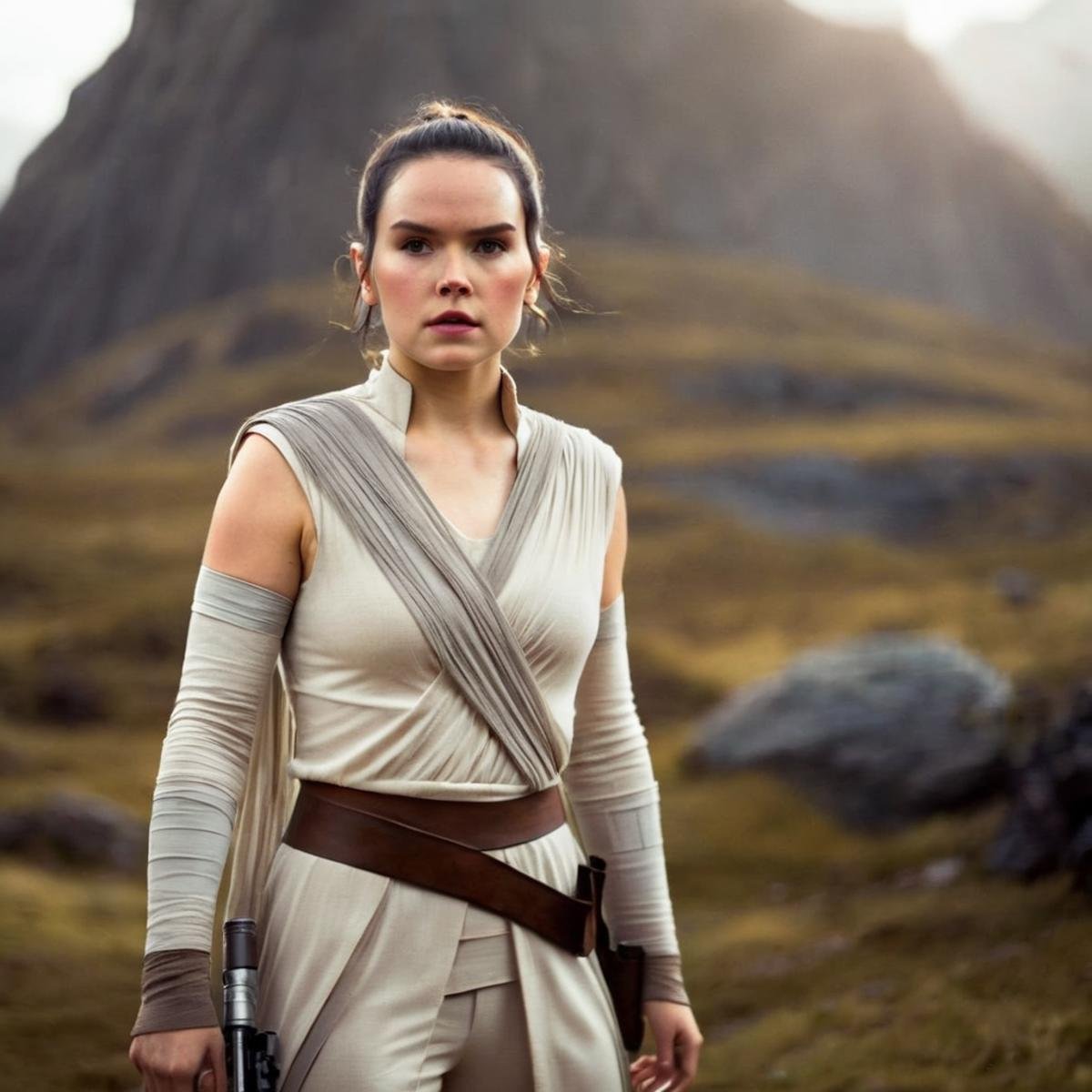 cinematic film still of  <lora:Rey:1.2>Rey a cute woman in a star wars outfit standing in front of a mountain while looking at camera In Star Wars Universe, shallow depth of field, vignette, highly detailed, high budget, bokeh, cinemascope, moody, epic, gorgeous, film grain, grainy