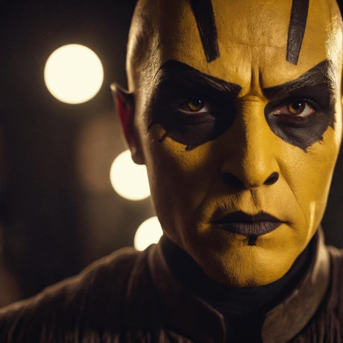 cinematic film still of  <lora:Savage Opress:1.2>Savage Opress a close up of a person with a yellow face in a dark room staring at camera  In Star Wars Universe, shallow depth of field, vignette, highly detailed, high budget, bokeh, cinemascope, moody, epic, gorgeous, film grain, grainy