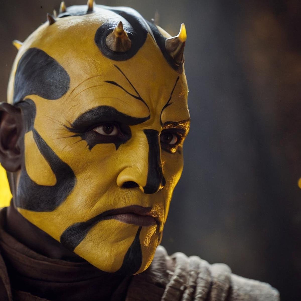 cinematic film still of  <lora:Savage Opress:1.2>Savage Opress a painting of a man with  yellow face In Star Wars Universe, shallow depth of field, vignette, highly detailed, high budget, bokeh, cinemascope, moody, epic, gorgeous, film grain, grainy