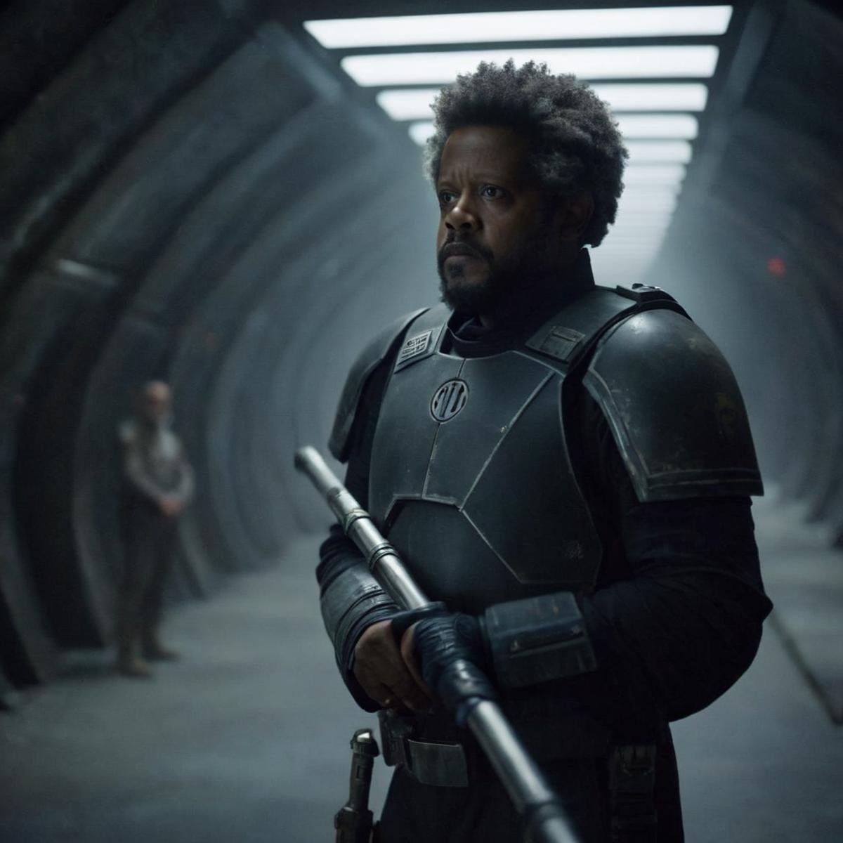 cinematic film still of  <lora:Saw Gerrera:1.2>Saw Gerrera a black man in a suit and metal stick standing in a tunnel In Star Wars Universe, shallow depth of field, vignette, highly detailed, high budget, bokeh, cinemascope, moody, epic, gorgeous, film grain, grainy