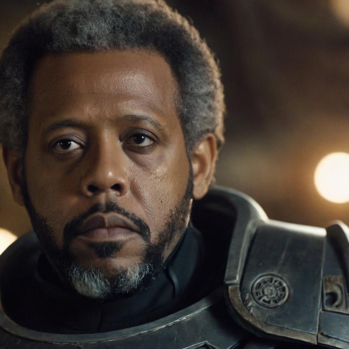 cinematic film still of  <lora:Saw Gerrera:1.2>Saw Gerrera a closeup of a black bald shaved head man in a black outfit looking at camera In Star Wars Universe, shallow depth of field, vignette, highly detailed, high budget, bokeh, cinemascope, moody, epic, gorgeous, film grain, grainy