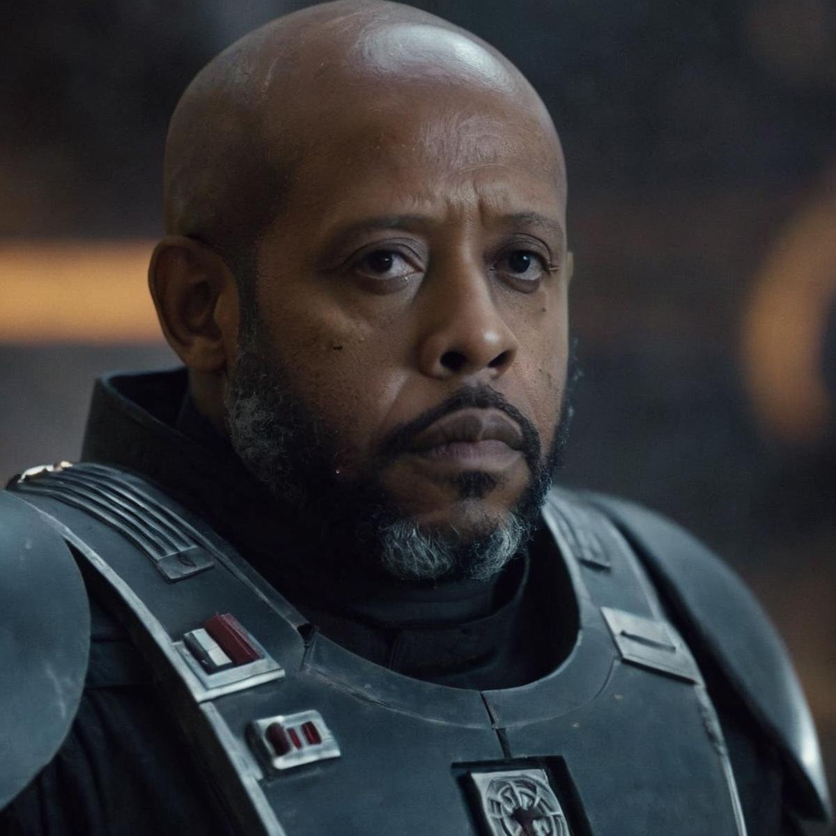 cinematic film still of  <lora:Saw Gerrera:1.2>Saw Gerrera a closeup of a black bald shaved head man in a black outfit looking at camera In Star Wars Universe, shallow depth of field, vignette, highly detailed, high budget, bokeh, cinemascope, moody, epic, gorgeous, film grain, grainy