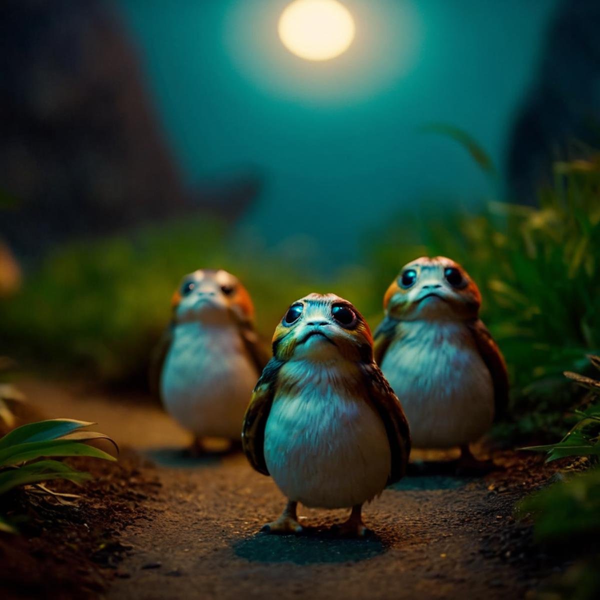 cinematic film still of  <lora:Porgs Bird:1.2>Porgs Bird three birds are standing on a path at night In Star wars Universe, shallow depth of field, vignette, highly detailed, high budget, bokeh, cinemascope, moody, epic, gorgeous, film grain, grainy