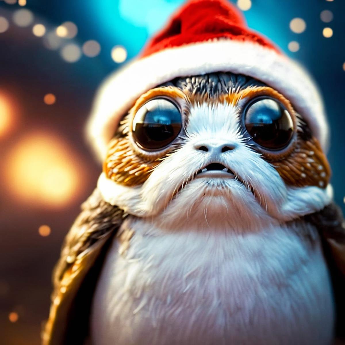 cinematic film still of  <lora:Porgs Bird:1.2>Porgs Bird a drawing of a bird wearing a santa hat In Star wars Universe, shallow depth of field, vignette, highly detailed, high budget, bokeh, cinemascope, moody, epic, gorgeous, film grain, grainy