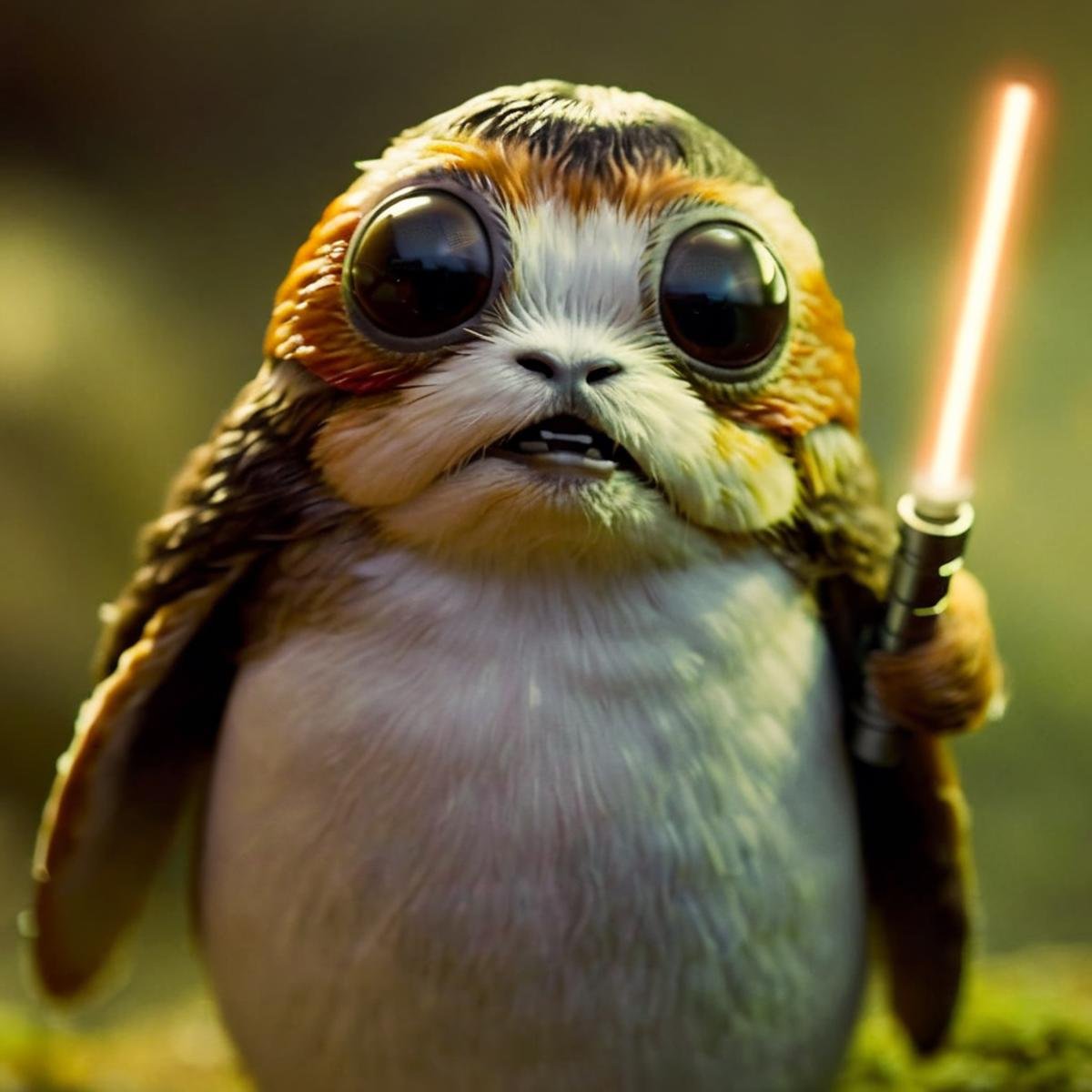 cinematic film still of  <lora:Porgs Bird:1.2>Porgs Bird a bird with a light saber in it's bird hand In Star wars Universe, shallow depth of field, vignette, highly detailed, high budget, bokeh, cinemascope, moody, epic, gorgeous, film grain, grainy