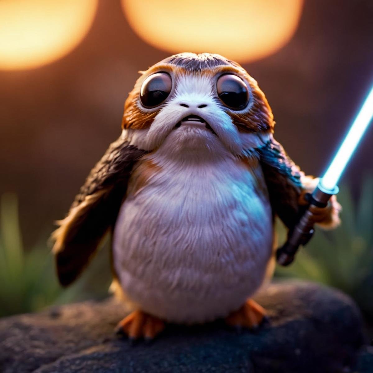 cinematic film still of  <lora:Porgs Bird:1.2>Porgs Bird a cartoon bird character with a light saber in his hand In Star wars Universe, shallow depth of field, vignette, highly detailed, high budget, bokeh, cinemascope, moody, epic, gorgeous, film grain, grainy