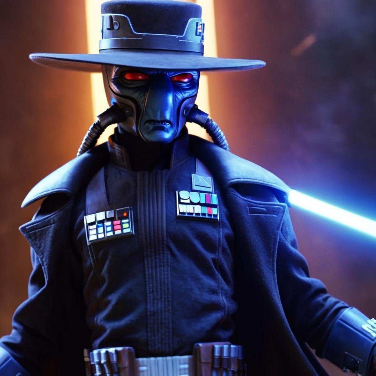 UHD, 4k, ultra detailed, cinematic, a photograph of  <lora:Cad Bane v2:1>Cad Bane a blue skin big red eyes western man with a hat and a black suit and with breathing tubes In star wars universe, epic, beautiful lighting, inpsiring