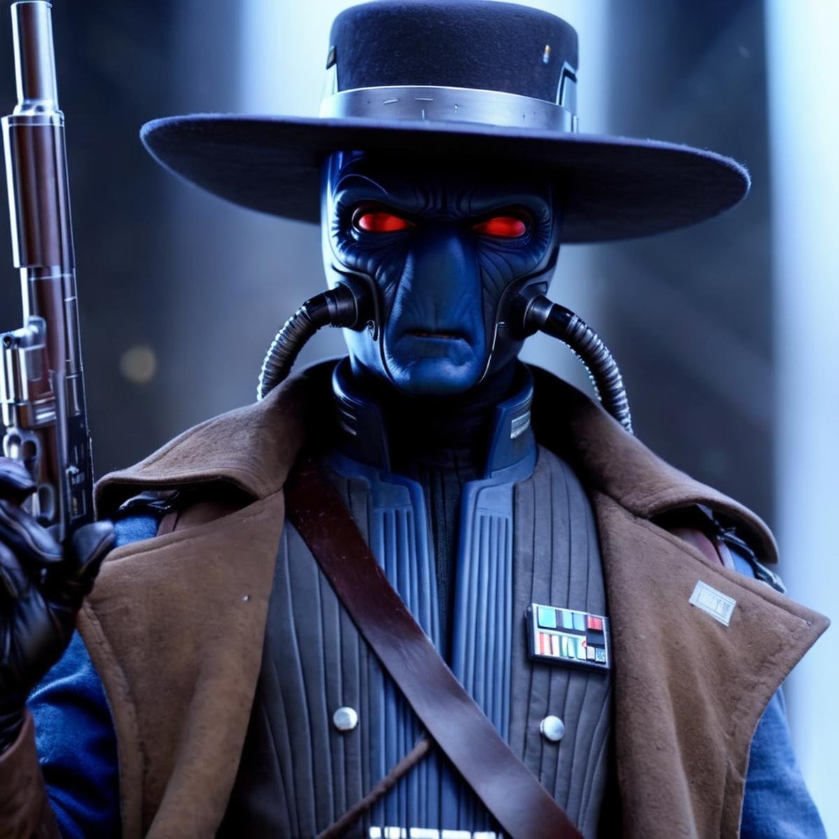 UHD, 4k, ultra detailed, cinematic, a photograph of  <lora:Cad Bane v2:1>Cad Bane a blue skin big red eyes western man in a hat and trench coat with breathing tubes holding a gun In star wars universe, epic, beautiful lighting, inpsiring