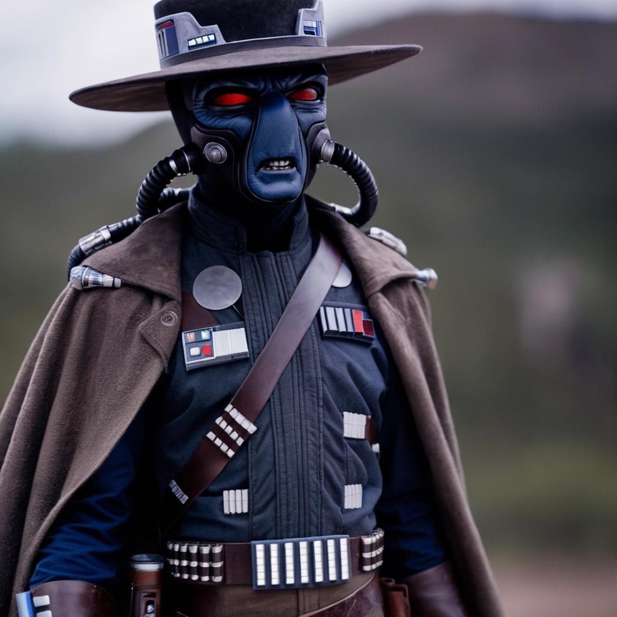 cinematic film still of  <lora:Cad Bane v2:1.2>Cad Bane a blue skin big red eyes western man with breathing tubes in a hat and a cape with a bullet belt In star wars universe, shallow depth of field, vignette, highly detailed, high budget, bokeh, cinemascope, moody, epic, gorgeous, film grain, grainy