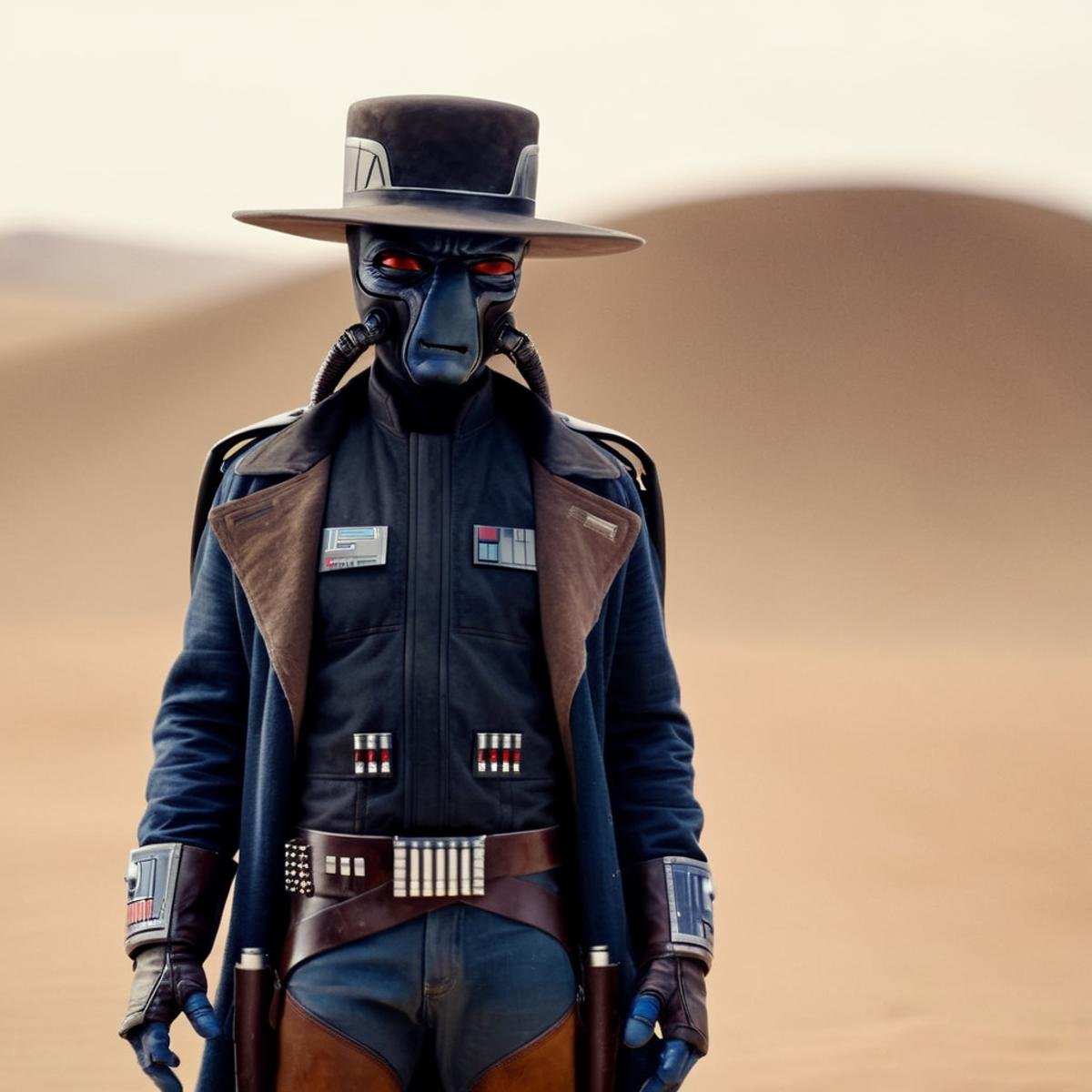 cinematic film still of  <lora:Cad Bane v2:1.2>Cad Bane a blue skin big red eyes wild west creature with breathing tubes in a cowboy hat and a jacket in a desert sand storm staring at camera In star wars universe, shallow depth of field, vignette, highly detailed, high budget, bokeh, cinemascope, moody, epic, gorgeous, film grain, grainy