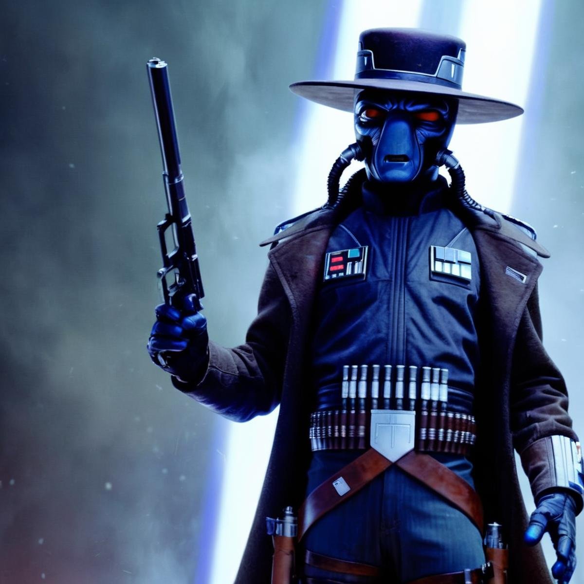 UHD, 4k, ultra detailed, cinematic, a photograph of  <lora:Cad Bane v2:1.2>Cad Bane a blue skin big red eyes western man in a hat and trench coat with breathing tubes holding a gun In star wars universe, epic, beautiful lighting, inpsiring