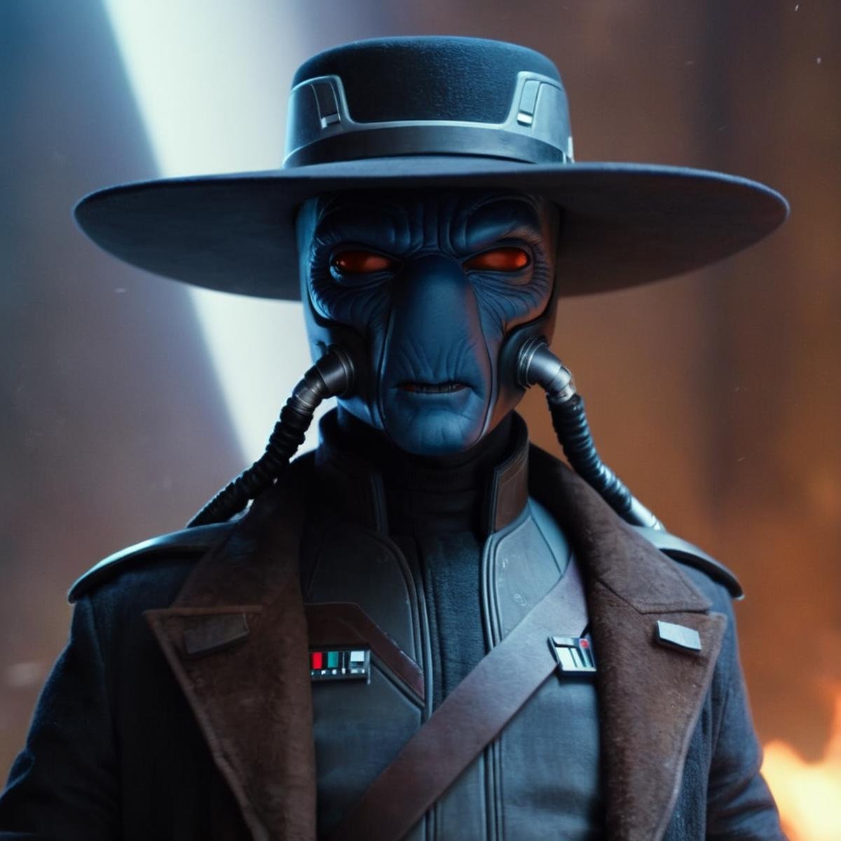 UHD, 4k, ultra detailed, cinematic, a photograph of  <lora:Cad Bane v2:1>Cad Bane a blue skin big red eyes western man with a hat and a black suit and with breathing tubes In star wars universe, epic, beautiful lighting, inpsiring