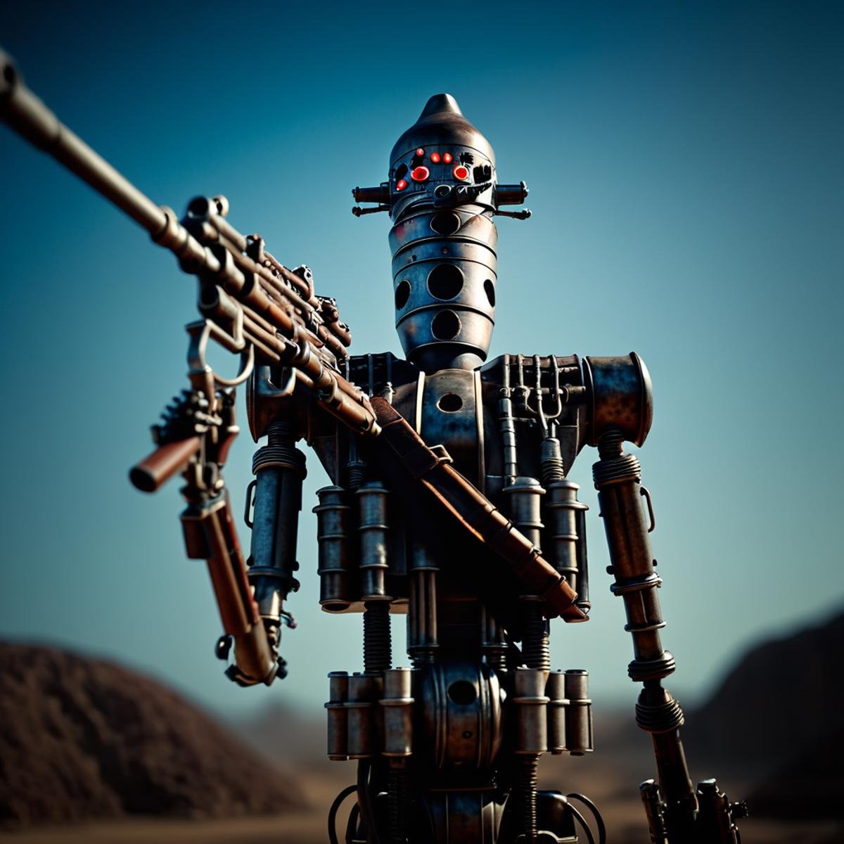 cinematic film still of  <lora:IG-88:1>IG-88 droid a robot with a gun and a light on In Star Wars Universe, solo, weapon, sky, blurry, gun, no humans, robot, science fiction, shallow depth of field, vignette, highly detailed, high budget, bokeh, cinemascope, moody, epic, gorgeous, film grain, grainy