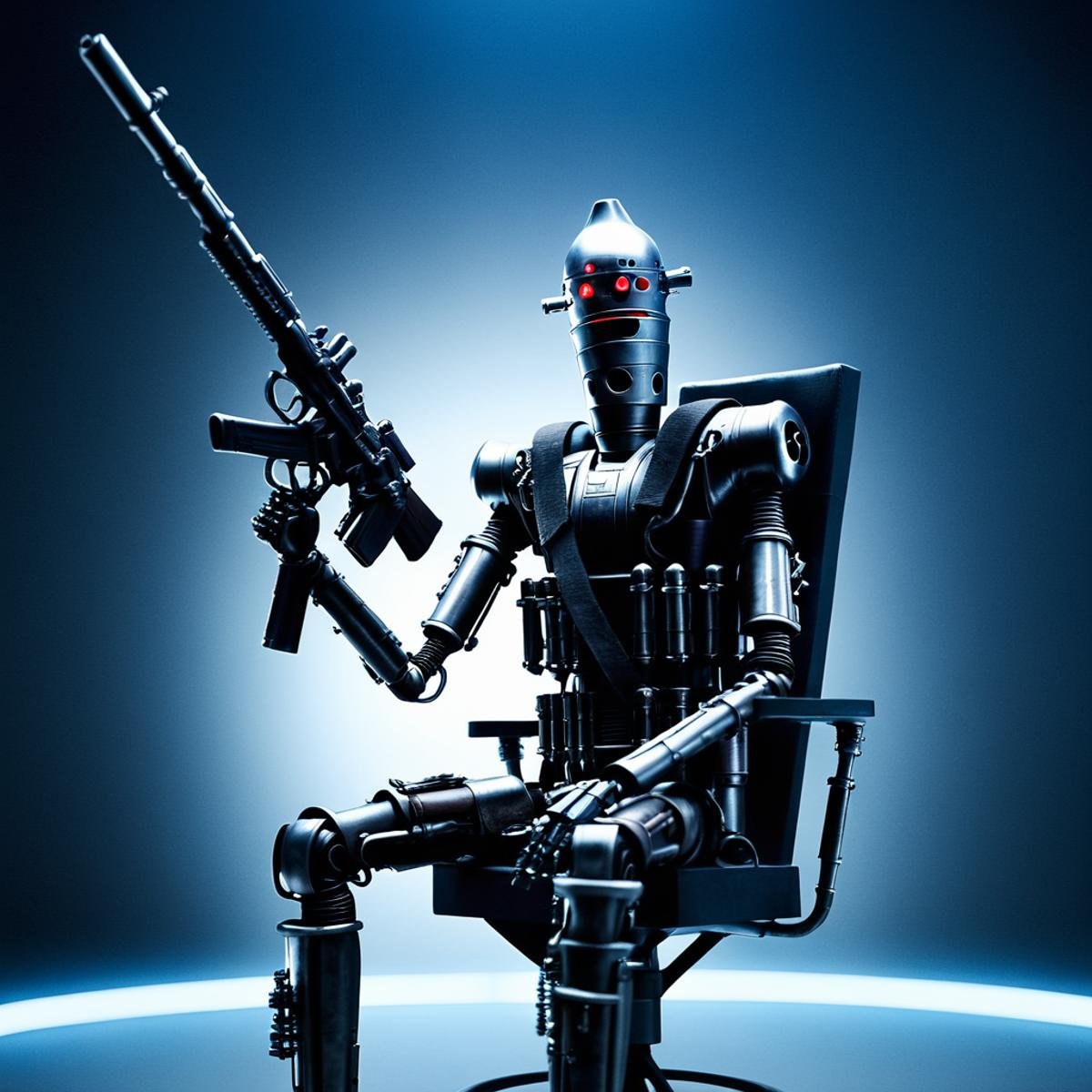 cinematic film still of  <lora:IG-88:1>IG-88 droid a robot sitting on a chair with a gun In Star Wars Universe, solo, simple background, white background, holding, sitting, weapon, male focus, holding weapon, gun, no humans, chair, robot, holding gun, rifle, science fiction, humanoid robot, shallow depth of field, vignette, highly detailed, high budget, bokeh, cinemascope, moody, epic, gorgeous, film grain, grainy