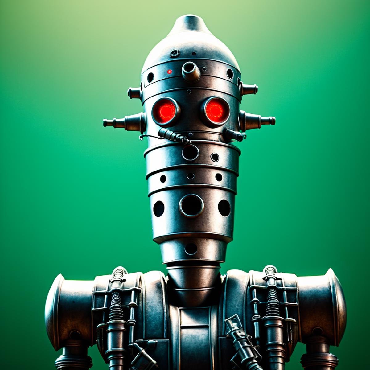 cinematic film still of  <lora:IG-88:1>IG-88 droid a robot with a helmet on and a green background In Star Wars Universe, solo, simple background, no humans, robot, mecha, machinery, science fiction, green background, realistic, shallow depth of field, vignette, highly detailed, high budget, bokeh, cinemascope, moody, epic, gorgeous, film grain, grainy