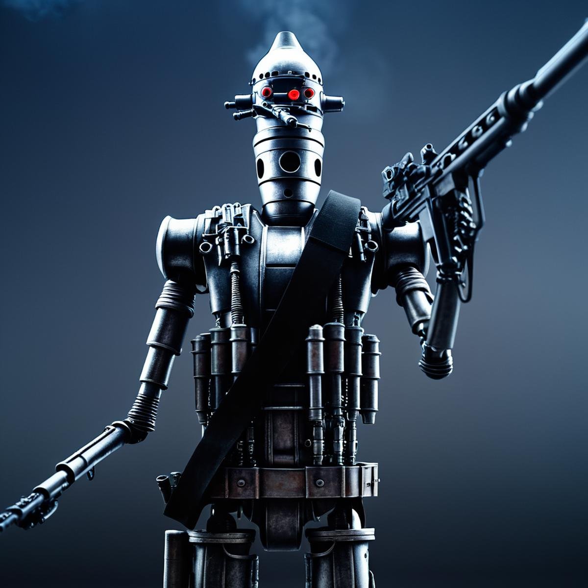 cinematic film still of  <lora:IG-88:1>IG-88 droid a robot with a gun and a helmet In Star Wars Universe, solo, weapon, grey background, gun, military, gradient background, no humans, robot, rifle, science fiction, realistic, machine gun, humanoid robot, shallow depth of field, vignette, highly detailed, high budget, bokeh, cinemascope, moody, epic, gorgeous, film grain, grainy