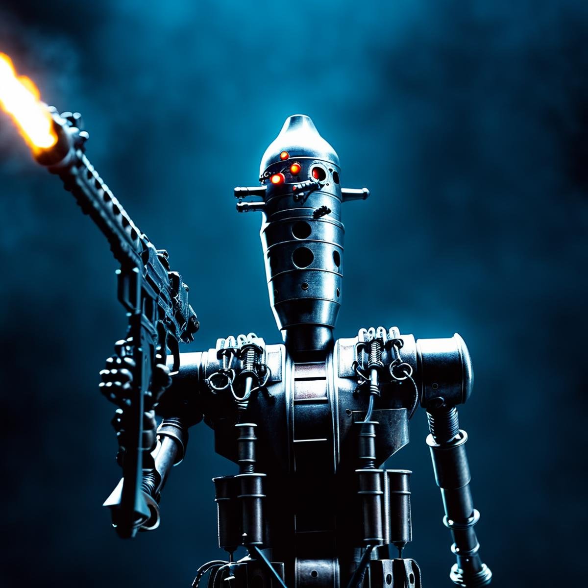 cinematic film still of  <lora:IG-88:1>IG-88 droid a robot with a gun in its hand In Star Wars Universe, solo, weapon, holding weapon, gun, no humans, robot, mecha, science fiction, realistic, humanoid robot, shallow depth of field, vignette, highly detailed, high budget, bokeh, cinemascope, moody, epic, gorgeous, film grain, grainy