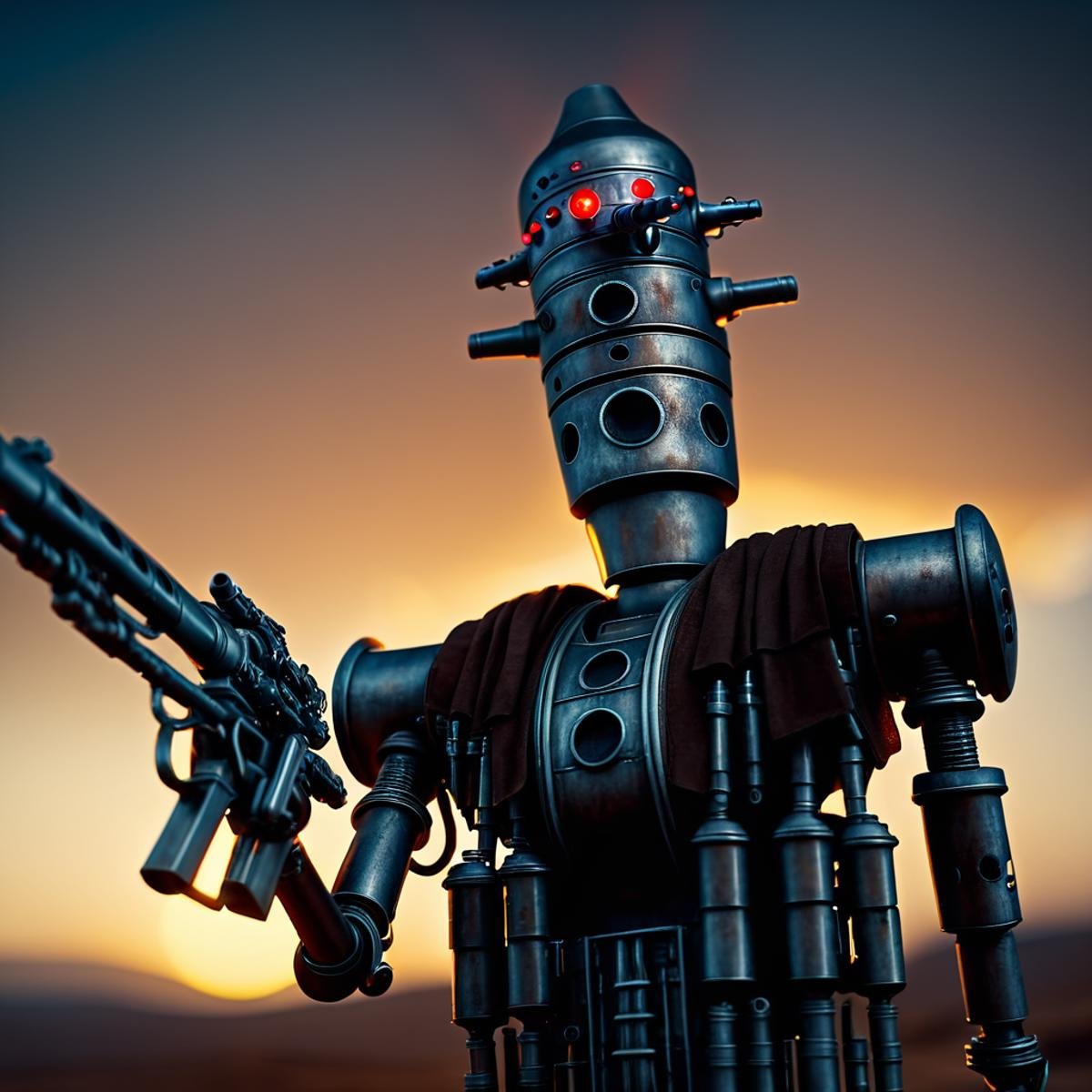 cinematic film still of  <lora:IG-88:1>IG-88 droid a robot with a gun and a light on In Star Wars Universe, solo, weapon, sky, blurry, gun, no humans, robot, science fiction, shallow depth of field, vignette, highly detailed, high budget, bokeh, cinemascope, moody, epic, gorgeous, film grain, grainy