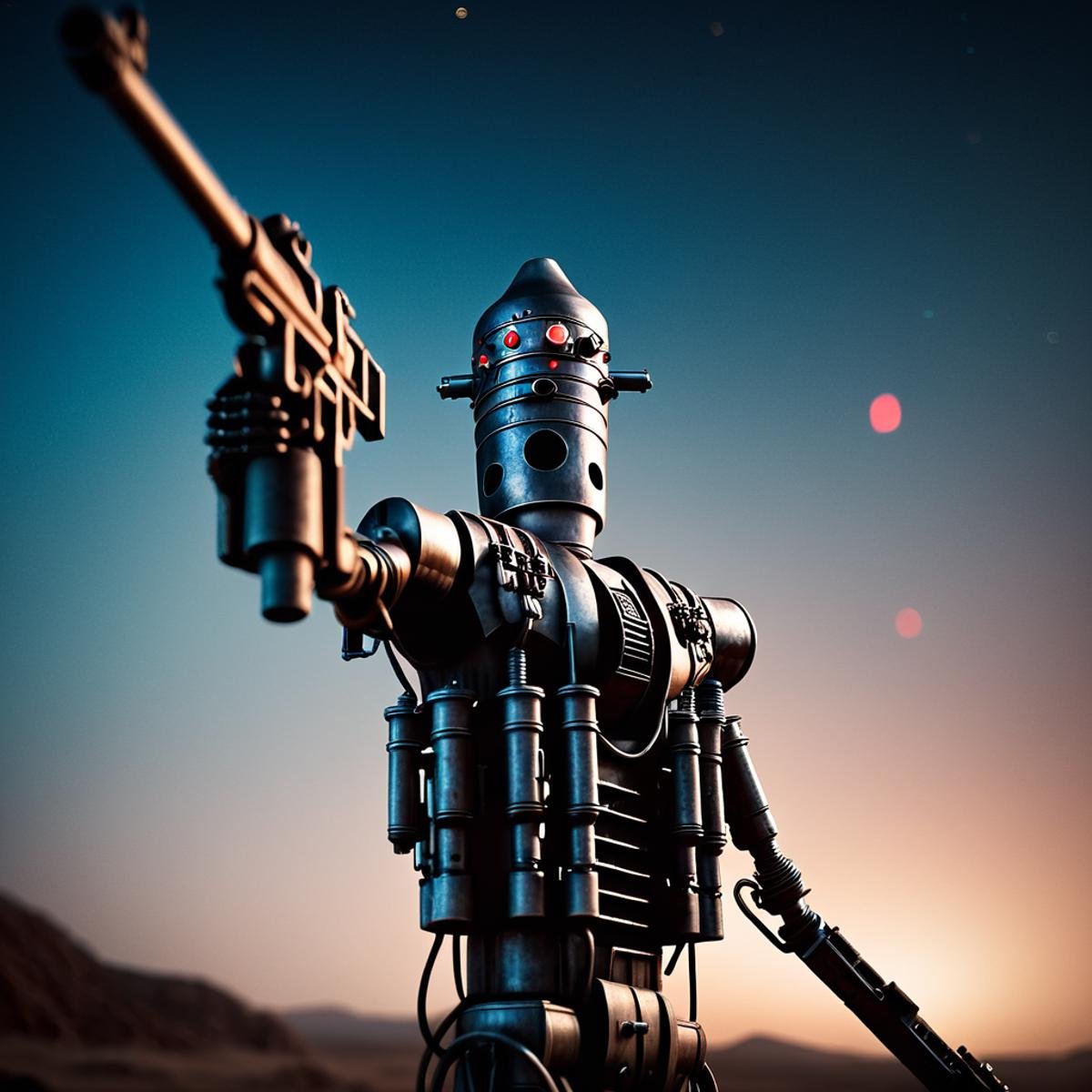 cinematic film still of  <lora:IG-88:1>IG-88 droid a drawing of a robot with a gun In Star Wars Universe, solo, holding, weapon, holding weapon, gun, no humans, traditional media, robot, star (sky), holding gun, mecha, science fiction, space, shallow depth of field, vignette, highly detailed, high budget, bokeh, cinemascope, moody, epic, gorgeous, film grain, grainy