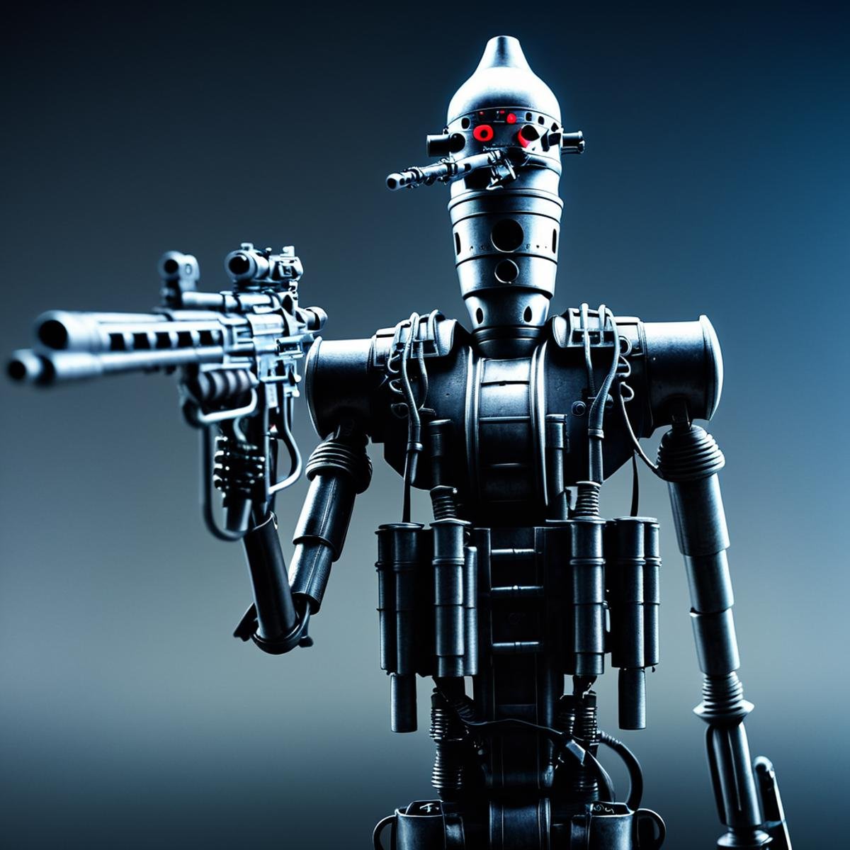 cinematic film still of  <lora:IG-88:1>IG-88 droid a robot with a gun and a helmet In Star Wars Universe, solo, weapon, grey background, gun, military, gradient background, no humans, robot, rifle, science fiction, realistic, machine gun, humanoid robot, shallow depth of field, vignette, highly detailed, high budget, bokeh, cinemascope, moody, epic, gorgeous, film grain, grainy