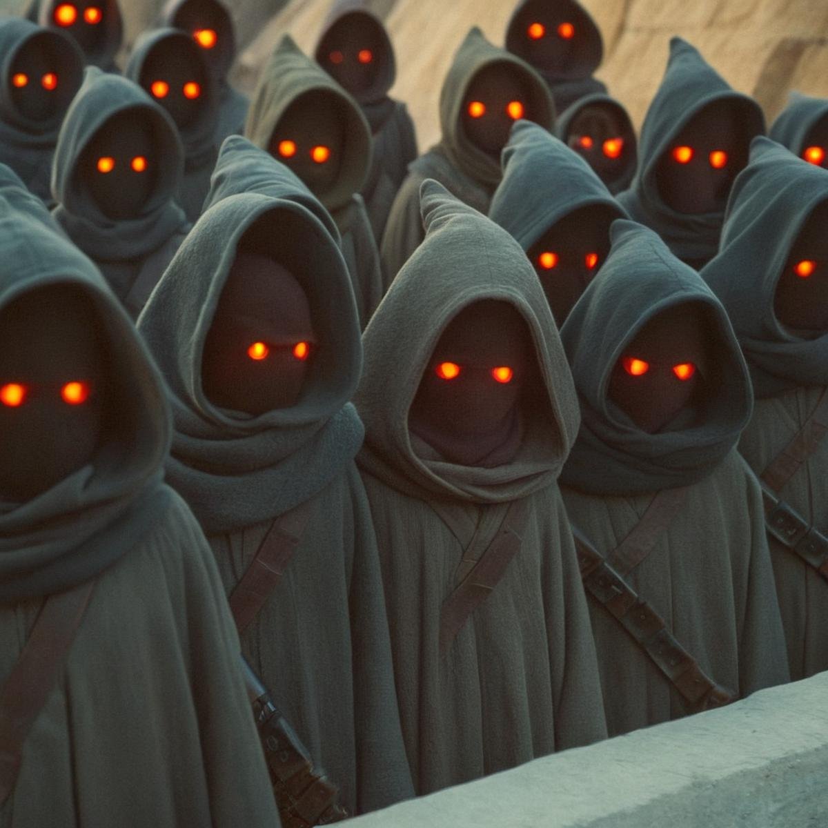 cinematic film still of  <lora:star wars style:0.3><lora:detailed:0.4> detailed<lora:perfection style:0.4> perfect<lora:PerfectEyesXL:0.3> <lora:Jawa:1>Jawa  a group of hooded people with red eyes,in star wars universe,red eyes,weapon,multiple boys,hood,blurry,orange eyes,gun,mask,glowing,glowing eyes,hood up,multiple others,3others, shallow depth of field, vignette, highly detailed, high budget, bokeh, cinemascope, moody, epic, gorgeous, film grain, grainy