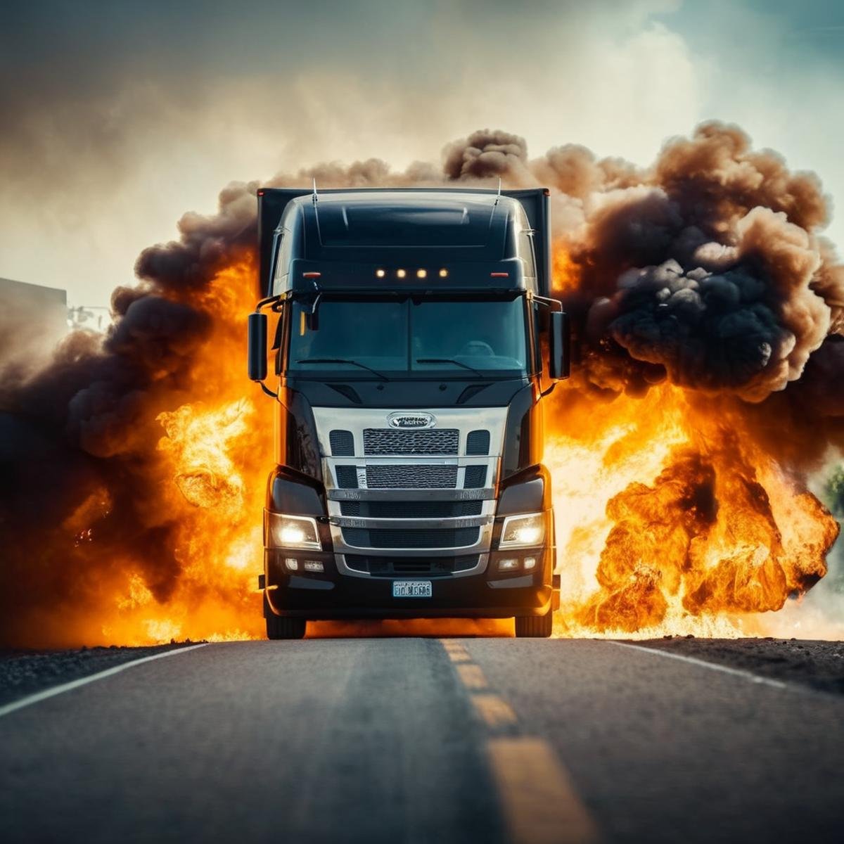 cinematic film still of  <lora:cinematic explosion style:1.5>a semi truck with a lot of smoke and fire coming out of it cinematic explosion style, shallow depth of field, vignette, highly detailed, high budget, bokeh, cinemascope, moody, epic, gorgeous, film grain, grainy