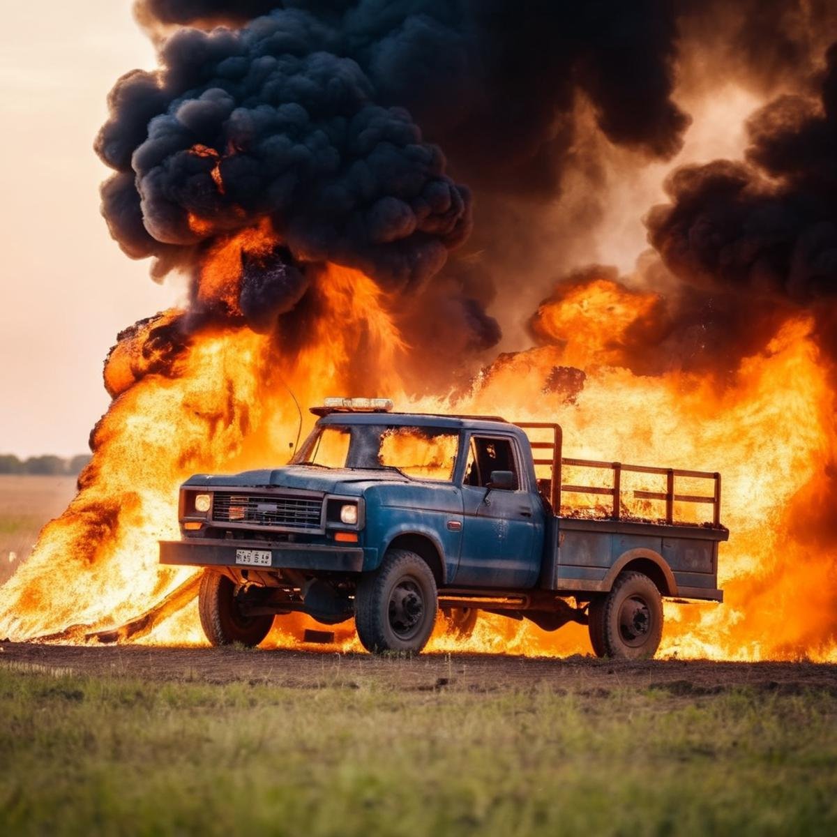 cinematic film still of  <lora:cinematic explosion style:1.5>a truck is on fire in a explosion field cinematic explosion style, shallow depth of field, vignette, highly detailed, high budget, bokeh, cinemascope, moody, epic, gorgeous, film grain, grainy