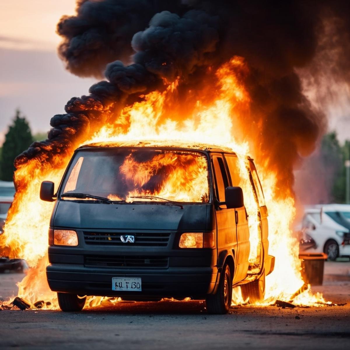 cinematic film still of  <lora:cinematic explosion style:1.5>a van is on fire in a parking lot cinematic explosion style, shallow depth of field, vignette, highly detailed, high budget, bokeh, cinemascope, moody, epic, gorgeous, film grain, grainy