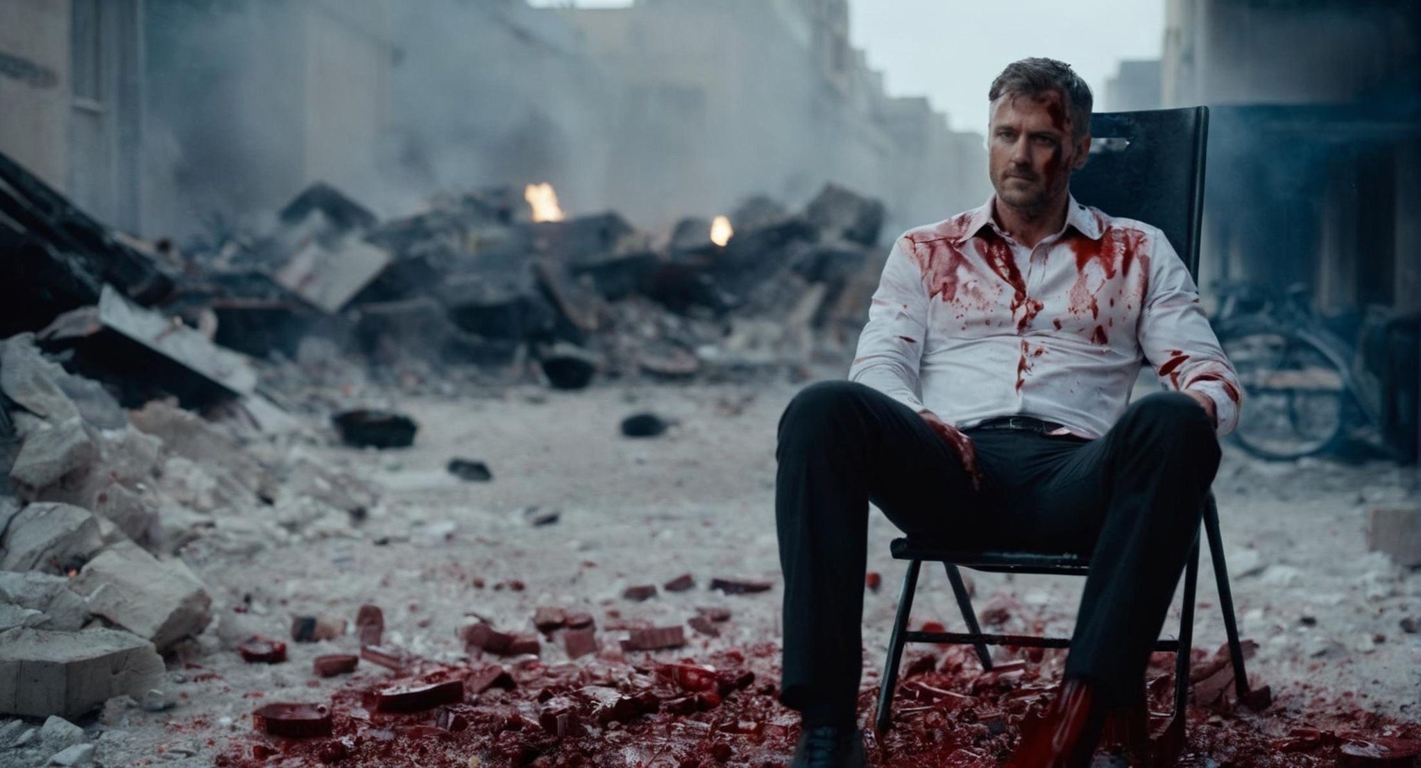 cinematic film still of  <lora:cinematic explosion style:1.5>a man covered in blood is sitting on a chair in a lot of debris cinematic explosion style, shallow depth of field, vignette, highly detailed, high budget, bokeh, cinemascope, moody, epic, gorgeous, film grain, grainy