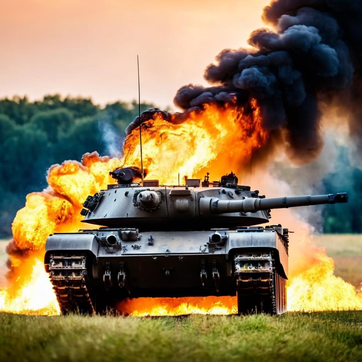 cinematic film still of  <lora:cinematic explosion style:1.5>a tank is on fire in the middle of a field cinematic explosion style, shallow depth of field, vignette, highly detailed, high budget, bokeh, cinemascope, moody, epic, gorgeous, film grain, grainy