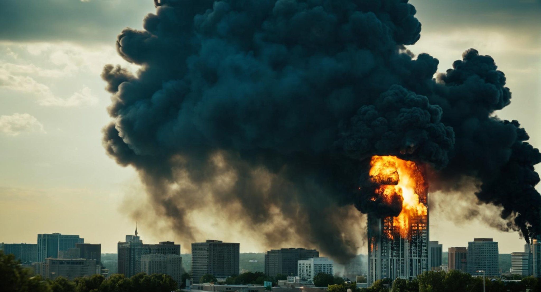 cinematic film still of  <lora:cinematic explosion style:1.5>a large black cloud of smoke explosion is rising over a city cinematic explosion style, shallow depth of field, vignette, highly detailed, high budget, bokeh, cinemascope, moody, epic, gorgeous, film grain, grainy