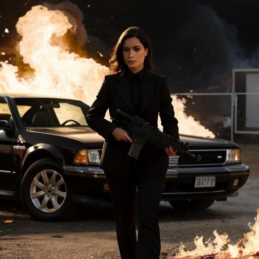 UHD, 4k, ultra detailed, cinematic, a photograph of  <lora:cinematic explosion style 1.5:1.2>a woman in a black suit holding a gun in front of a fire cinematic explosion style, epic, beautiful lighting, inpsiring