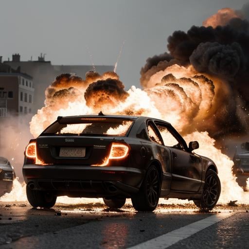 UHD, 4k, ultra detailed, cinematic, a photograph of  <lora:cinematic explosion style 1.5:1.2>an exploded car is on fire in the street cinematic explosion style, epic, beautiful lighting, inpsiring