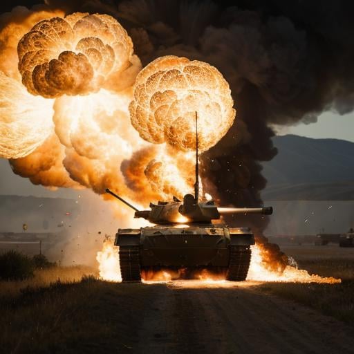 UHD, 4k, ultra detailed, cinematic, a photograph of  <lora:cinematic explosion style 1.5:1.2>a tank is on fire in the middle of a field cinematic explosion style, epic, beautiful lighting, inpsiring