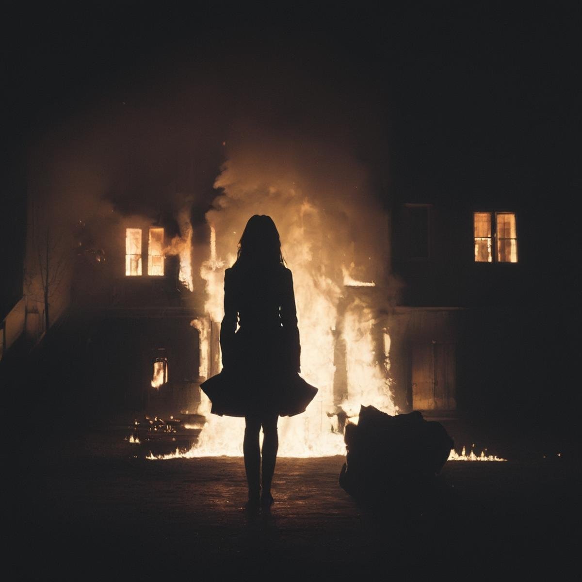 cinematic film still of  <lora:volumetric lighting:1> volumetric lighting stylea silhouette woman standing in front of a fire burning building in the dark staring at camera,1girl,solo,long hair,skirt,school uniform,standing,outdoors,bag,from behind,tree,sunlight,fire,scenery,stairs,torii , volumetric lighting, haze light, fog light, beam light, horror movie, horror them, shallow depth of field, vignette, highly detailed, high budget, bokeh, cinemascope, moody, epic, gorgeous, film grain, grainy