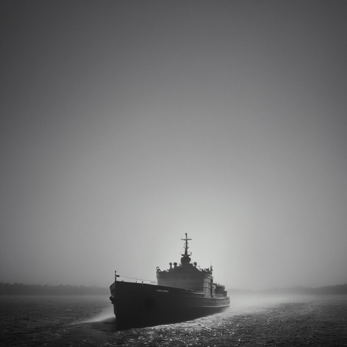 cinematic film still of  <lora:volumetric lighting:1> volumetric lighting stylea ship is traveling through the water in the fog,moving to the camera, monochrome,outdoors,military,no humans,ocean,scenery,military vehicle,watercraft,ship,fog,warship , volumetric lighting, haze light, fog light, beam light, staring at camera, looking at camera, shallow depth of field, vignette, highly detailed, high budget, bokeh, cinemascope, moody, epic, gorgeous, film grain, grainy