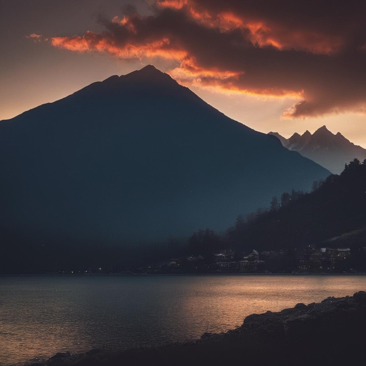 cinematic film still of  <lora:volumetric lighting:1> volumetric lighting stylea beautiful sunset over a lake with a mountain in the background,outdoors,sky,cloud,water,no humans,night,building,scenery,reflection,sunset,mountain,city,horizon,cityscape,river,landscape,mountainous horizon,lake,city lights,hill , volumetric lighting, haze light, fog light, beam light, polarized, shallow depth of field, vignette, highly detailed, high budget, bokeh, cinemascope, moody, epic, gorgeous, film grain, grainy