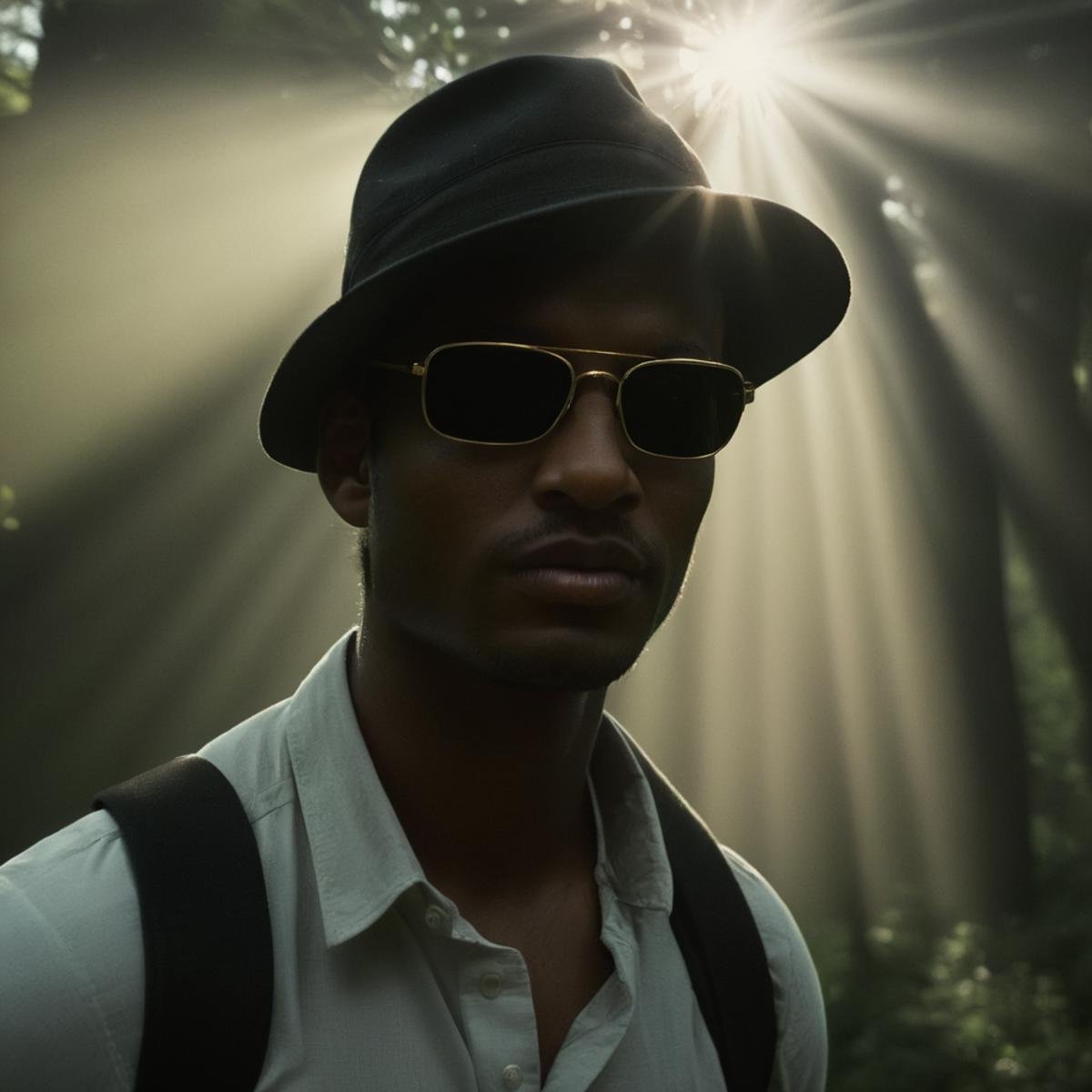 cinematic film still of  <lora:volumetric lighting:1> volumetric lighting stylea man wearing a hat and sunglasses in the woods with sun beam light on,solo,shirt,black hair,1boy,hat,closed mouth,white shirt,upper body,male focus,outdoors,necktie,collared shirt,dark skin,bag,blurry,tree,blurry background,from below,sunlight,sunglasses,dark-skinned male,backpack,backlighting,dappled sunlight , volumetric lighting, haze light, fog light, beam light, ray light, god ray light, beam light, shaft light, crepuscular rays, shallow depth of field, vignette, highly detailed, high budget, bokeh, cinemascope, moody, epic, gorgeous, film grain, grainy