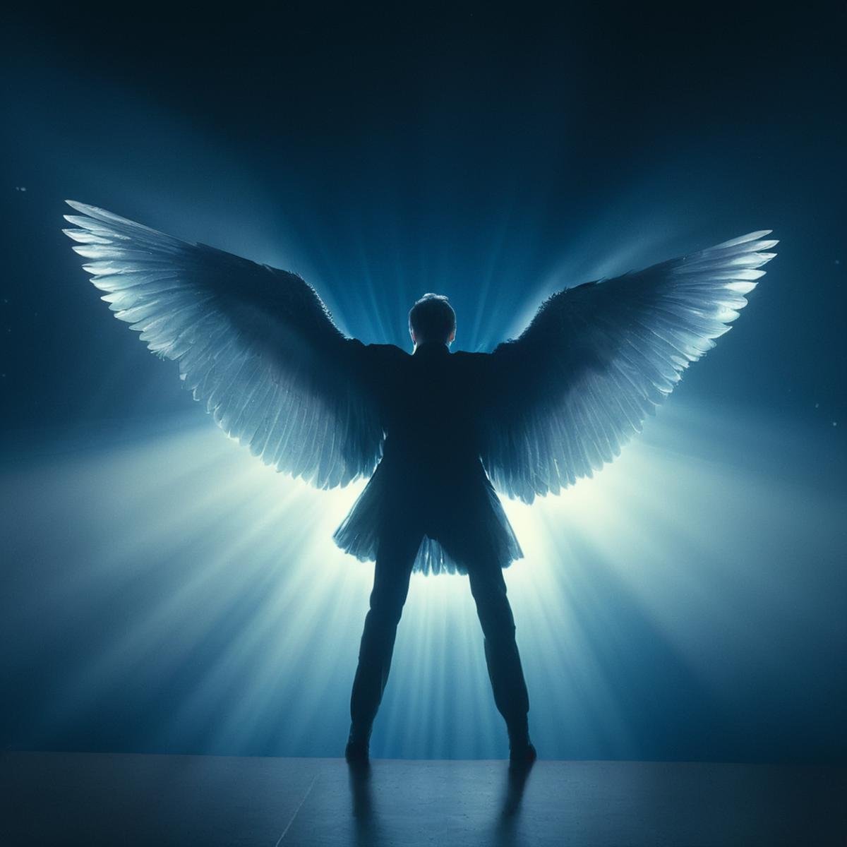 cinematic film still of  <lora:volumetric lighting:1> volumetric lighting stylea Valkyrie mythical creature hovering in a dark room with a large window blue light in background,solo,looking at viewer,short hair,long sleeves,1boy,standing,grey hair,male focus,wings,indoors,from behind,glowing,feathered wings,light particles,black wings,angel wings,angel , volumetric lighting, haze light, fog light, beam light, covered in shadow, shallow depth of field, vignette, highly detailed, high budget, bokeh, cinemascope, moody, epic, gorgeous, film grain, grainy