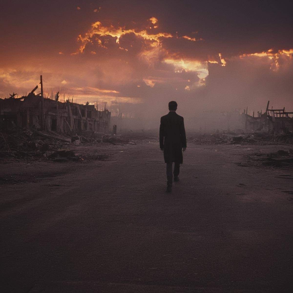 cinematic film still of  <lora:volumetric lighting:1> volumetric lighting stylea man walking through a dystopian destroyed wrecked city with a red orange hell fire sunset sky above,solo,1boy,standing,male focus,outdoors,sky,cloud,from behind,cloudy sky,building,scenery,sunset,city,cityscape , volumetric lighting, haze light, fog light, beam light, shallow depth of field, vignette, highly detailed, high budget, bokeh, cinemascope, moody, epic, gorgeous, film grain, grainy