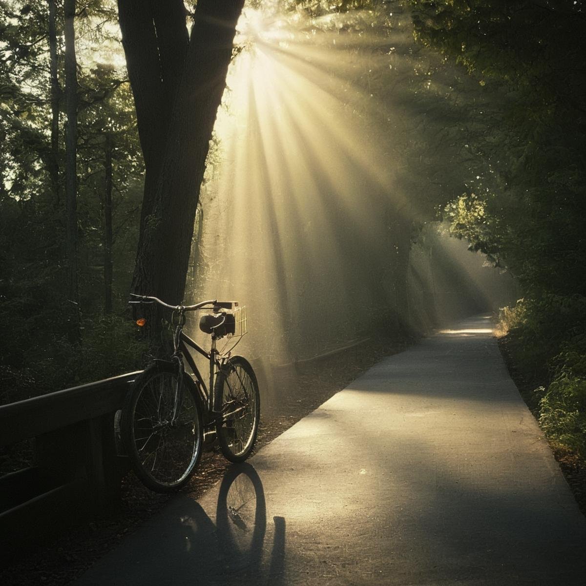 cinematic film still of  <lora:volumetric lighting:1> volumetric lighting stylea bicycle is parked on a bridge in the woods with sunlight shaft light beam abov,outdoors,day,tree,no humans,sunlight,ground vehicle,scenery,light rays,fence,road,sunbeam,bicycle,bicycle basket , volumetric lighting, haze light, fog light, beam light, ray light, god ray light, beam light, shaft light, crepuscular rays, shallow depth of field, vignette, highly detailed, high budget, bokeh, cinemascope, moody, epic, gorgeous, film grain, grainy