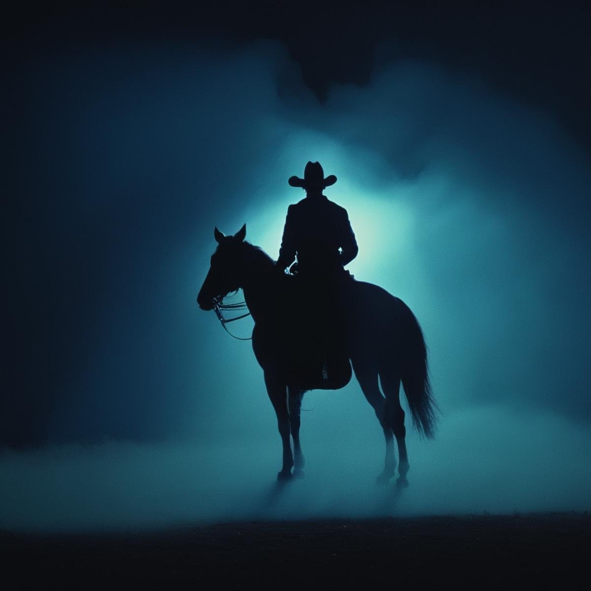 cinematic film still of  <lora:volumetric lighting:1> volumetric lighting stylea silhouette man dressed in cowboy costume, riding a horse in the dark at night, outdoors, street, blue light, blue street light, blue smoke light, solo,1boy,monochrome,male focus,from behind,animal,silhouette,dark,horse , volumetric lighting, haze light, fog light, beam light, heading to the camera, shallow depth of field, vignette, highly detailed, high budget, bokeh, cinemascope, moody, epic, gorgeous, film grain, grainy