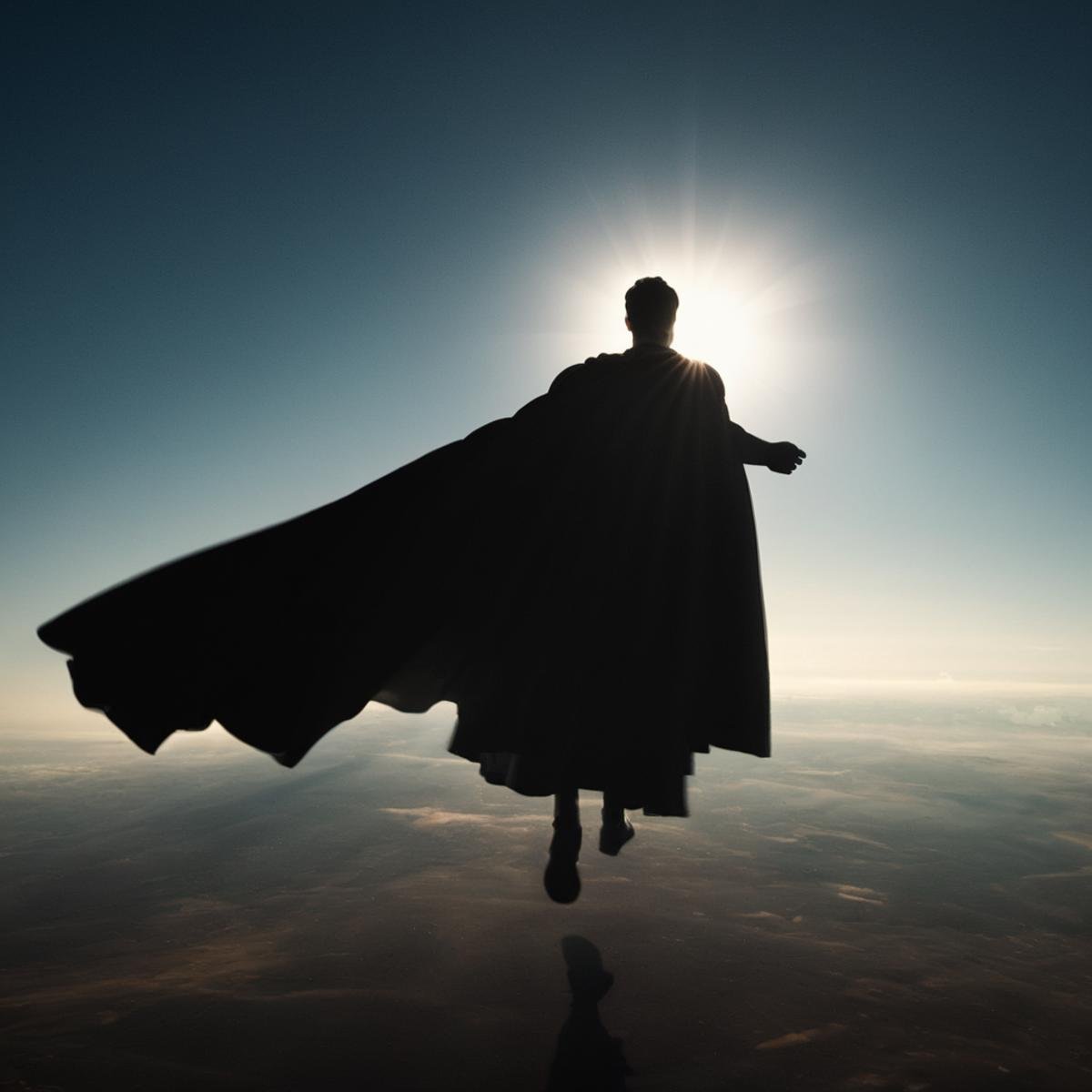 cinematic film still of  <lora:volumetric lighting:1> volumetric lighting stylea man covered in shadow in black superman costume hovering through the air over a planet earth with sun beam ray light in front,solo,1boy,male focus,cape,outstretched arms,star (sky),floating,backlighting,spread arms,space,wide shot,planet,earth (planet) , volumetric lighting, haze light, fog light, beam light, deep space, shallow depth of field, vignette, highly detailed, high budget, bokeh, cinemascope, moody, epic, gorgeous, film grain, grainy