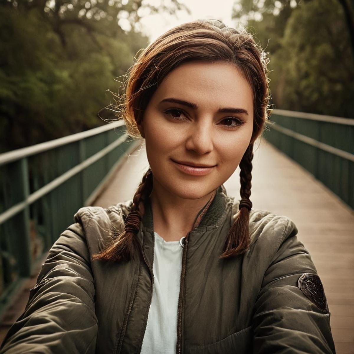 cinematic film still of  <lora:hon3y2:1> <lora:eyetune:0.5> <lora:perfection style:1>hon3y2 a woman taking a selfie with a bridge in the background, movie themed, sharp, detailed, epic cinematic style, artistic creative style, dramatic light style, cinematic color style, Kodak film style, hon3y2 style, general, 1girl, solo, long hair, looking at viewer, smile, brown hair, long sleeves, brown eyes, upper body, braid, outdoors, tree, tattoo, realistic, selfie, photo background, jacket, reaching towards viewer, wrinkly, shallow depth of field, vignette, highly detailed, high budget, bokeh, cinemascope, moody, epic, gorgeous, film grain, grainy