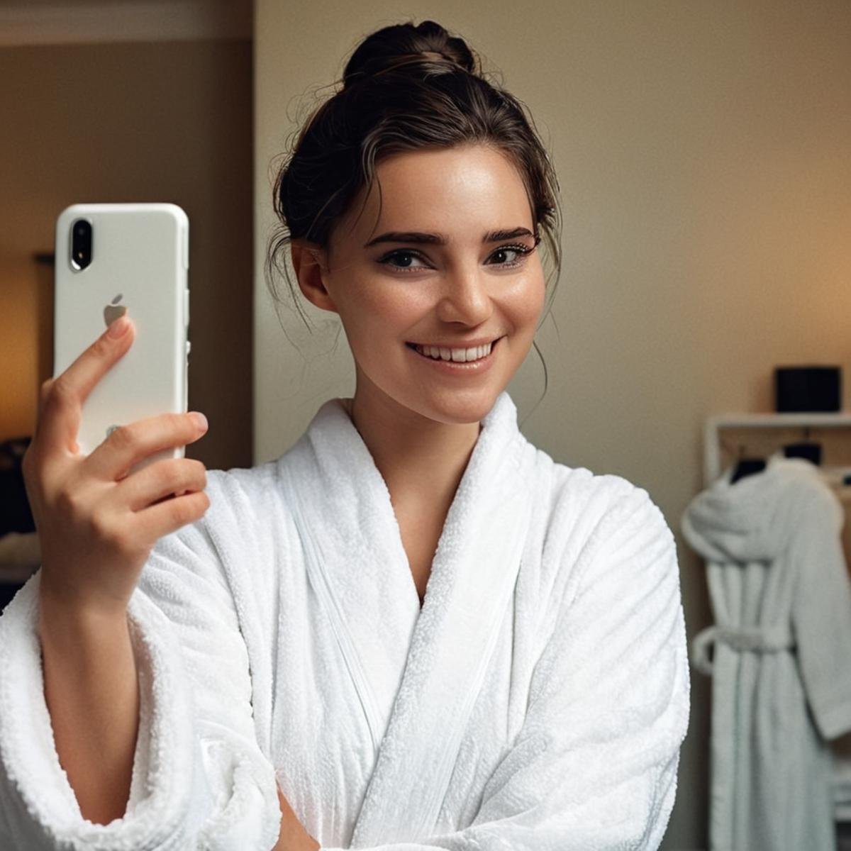 cinematic film still of  <lora:hon3y2:1> <lora:detailed_notrigger:0.8> <lora:eyetune:0.5>hon3y2 a smiling woman in a white bathrobe taking a selfie, movie themed, sharp, detailed, epic cinematic style, artistic creative style, dramatic light style, cinematic color style, Kodak film style, hon3y2 style, general, solo, looking at viewer, smile, black hair, 1boy, upper body, male focus, teeth, indoors, signature, hair bun, grin, single hair bun, robe, realistic, selfie, real life insert, black eyes, dated, white robe, wrinkly, shallow depth of field, vignette, highly detailed, high budget, bokeh, cinemascope, moody, epic, gorgeous, film grain, grainy