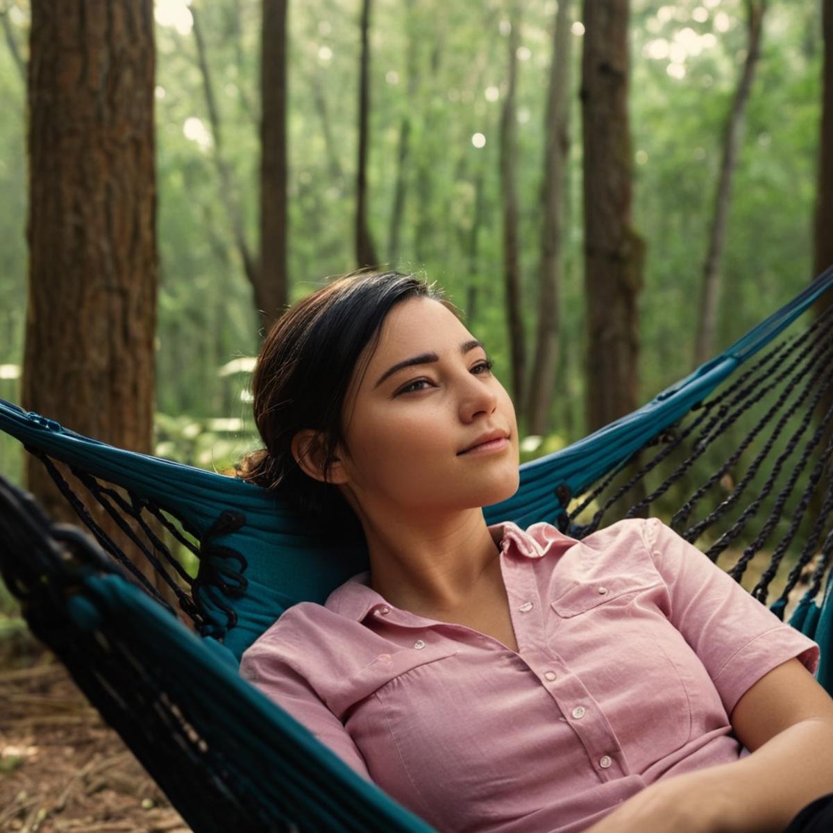 cinematic film still of  <lora:hon3y2 v2:1> hon3y2 <lora:eyetune:0.1><lora:perfection style:0.1><lora:detailed:0.1>hon3y2 a closeup of a woman laying in a hammock with a black bag behind her in the woods, movie themed, sharp, detailed, epic cinematic style, artistic creative style, dramatic light style, cinematic color style, Kodak film style, hon3y2 style, general, solo, long hair, looking at viewer, smile, shirt, black hair, 1boy, brown eyes, closed mouth, male focus, outdoors, wings, tree, tattoo, pink shirt, realistic, day, cute, shallow depth of field, vignette, highly detailed, high budget, bokeh, cinemascope, moody, epic, gorgeous, film grain, grainy