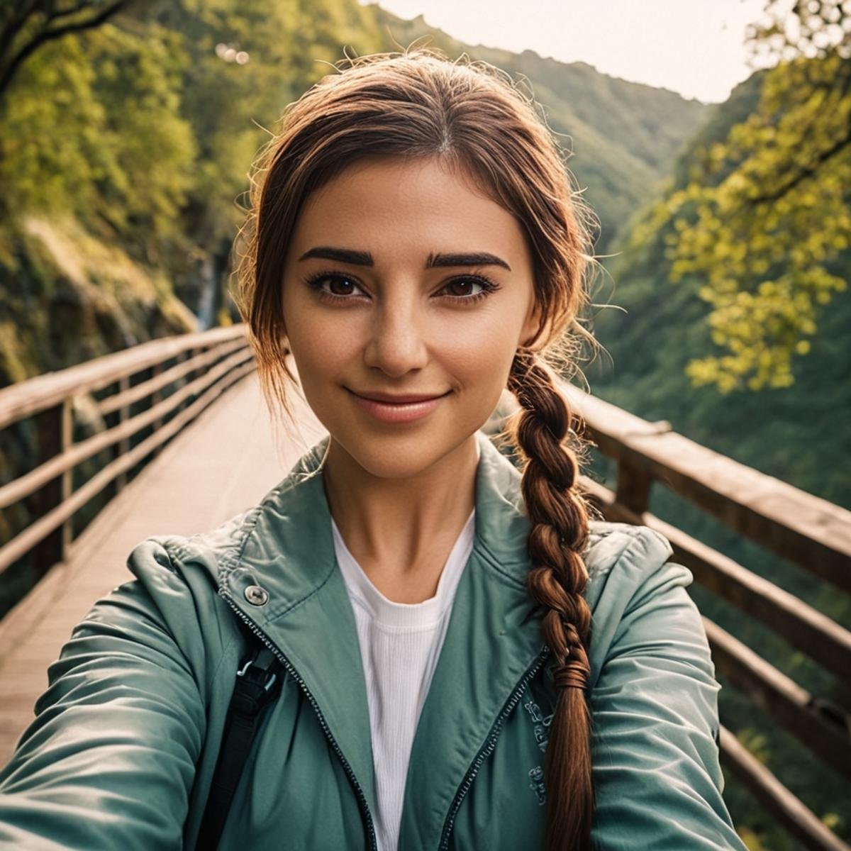 cinematic film still of  <lora:hon3y2 v2:1> hon3y2 <lora:eyetune:0.1><lora:perfection style:0.1><lora:detailed:0.1>hon3y2 a woman taking a selfie with a bridge in the background, movie themed, sharp, detailed, epic cinematic style, artistic creative style, dramatic light style, cinematic color style, Kodak film style, hon3y2 style, general, 1girl, solo, long hair, looking at viewer, smile, brown hair, long sleeves, brown eyes, upper body, braid, outdoors, tree, tattoo, realistic, selfie, photo background, jacket, reaching towards viewer, wrinkly, shallow depth of field, vignette, highly detailed, high budget, bokeh, cinemascope, moody, epic, gorgeous, film grain, grainy