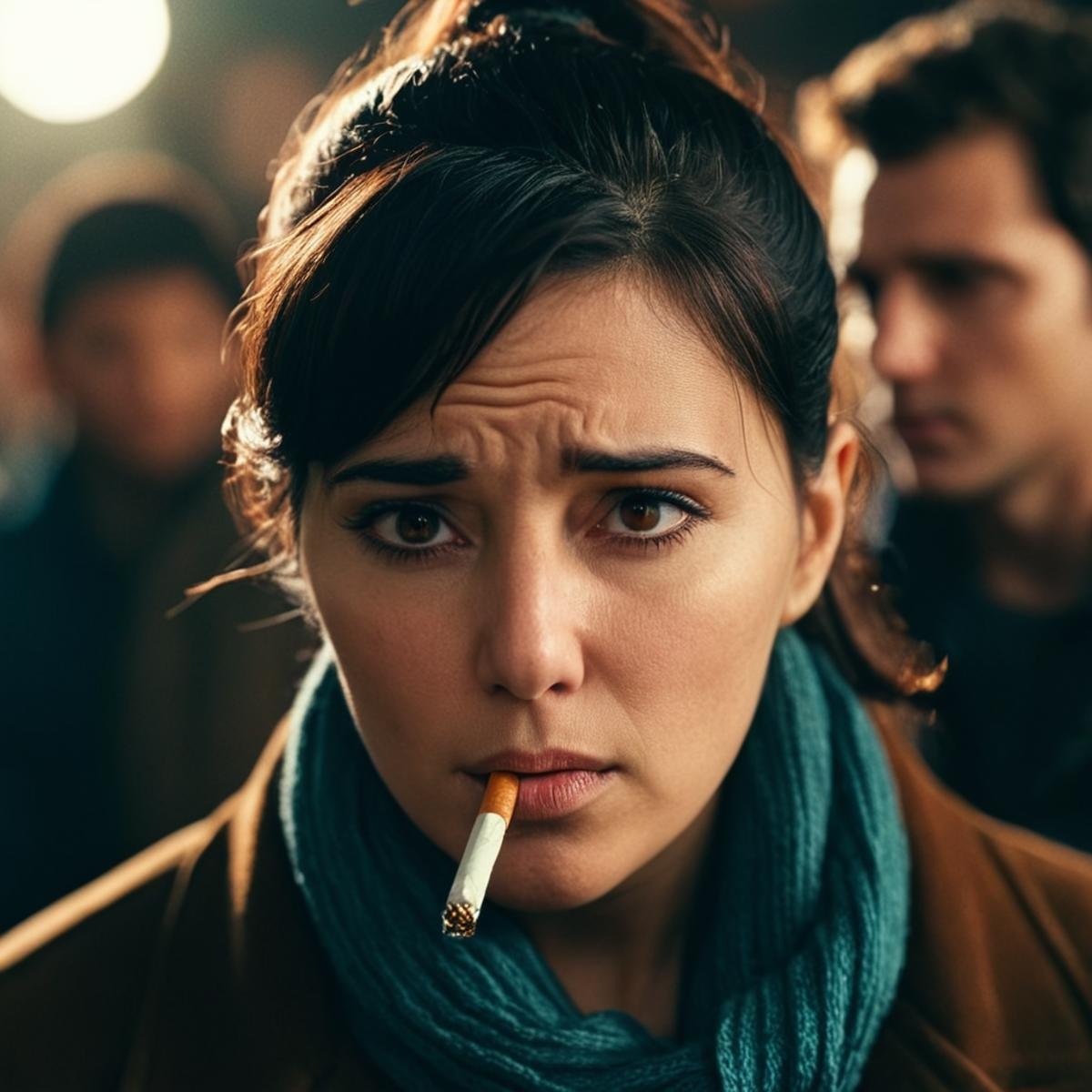 cinematic film still of  <lora:hon3y2 v2:1> hon3y2 <lora:eyetune:0.1><lora:perfection style:0.1><lora:detailed:0.1> sad facial expression of a sad woman with a cigarette in her mouth, movie themed, sharp, detailed skin, epic cinematic photography, artistic, creative, wrinkly face, dramatic lighting style, cinematic color style, Kodak film style, skin pore, emotional style, gustier style, facial expression style, sad facial style, brown hair, hat, closed mouth, jacket, ponytail, male focus, multiple boys, scarf, blurry, blurry background, realistic, black hair, brown eyes, photorealistic, shallow depth of field, vignette, highly detailed, high budget, bokeh, cinemascope, moody, epic, gorgeous, film grain, grainy